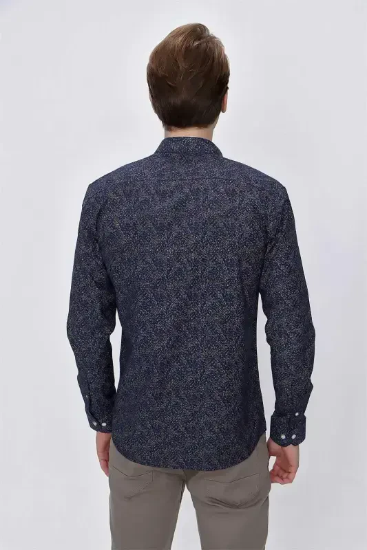 Modazone Erkak Moviy Microcotton Bosmali Slim Fit Ko'ylak - 7