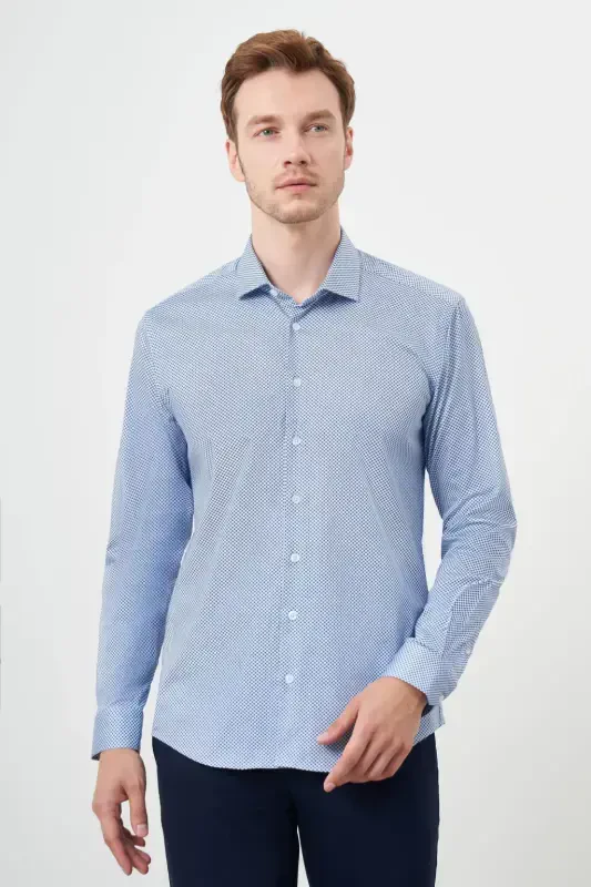 Modazone Erkak Moviy Paxta Bosma Naqshli İtalyan Yoqali Slim Fit Ko'ylak - 1