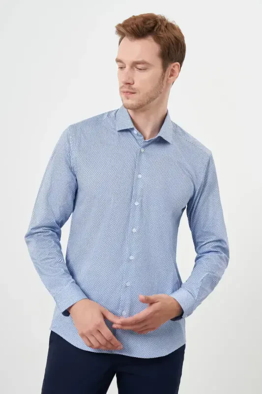 Modazone Erkak Moviy Paxta Bosma Naqshli İtalyan Yoqali Slim Fit Ko'ylak - 2