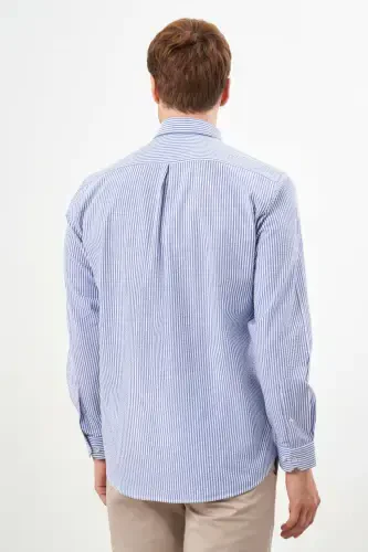 Modazone Erkak Moviy Paxta Chiziqli Panelli Tugmali Yoqali Regular Fit Ko'ylak - 6