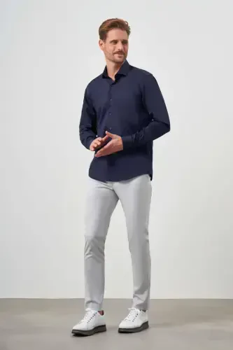 Modazone Erkak Moviy Paxta Tekis Naqshli Italyan Yoqali Slim Fit Ko'ylak - 5