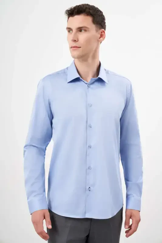 Modazone Erkak Moviy Paxta Tekis Naqshli Qattiq Yoqali Slim Fit Ko'ylak - 1