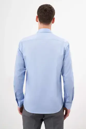 Modazone Erkak Moviy Paxta Tekis Naqshli Qattiq Yoqali Slim Fit Ko'ylak - 5