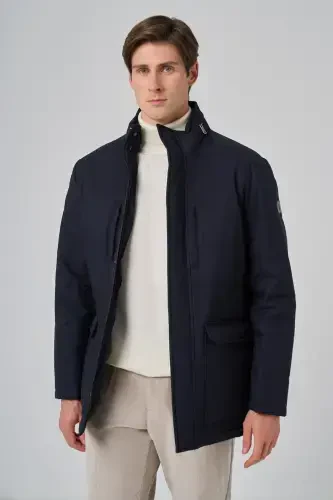 Modazone Erkak Moviy Polyester Chertikli Kapüşonli Palto - 3