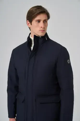 Modazone Erkak Moviy Polyester Chertikli Kapüşonli Palto - 4