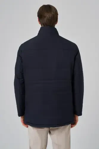 Modazone Erkak Moviy Polyester Chertikli Kapüşonli Palto - 6