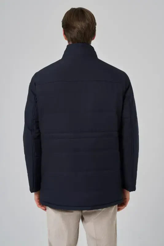 Modazone Erkak Moviy Polyester Chertikli Kapüşonli Palto - 6