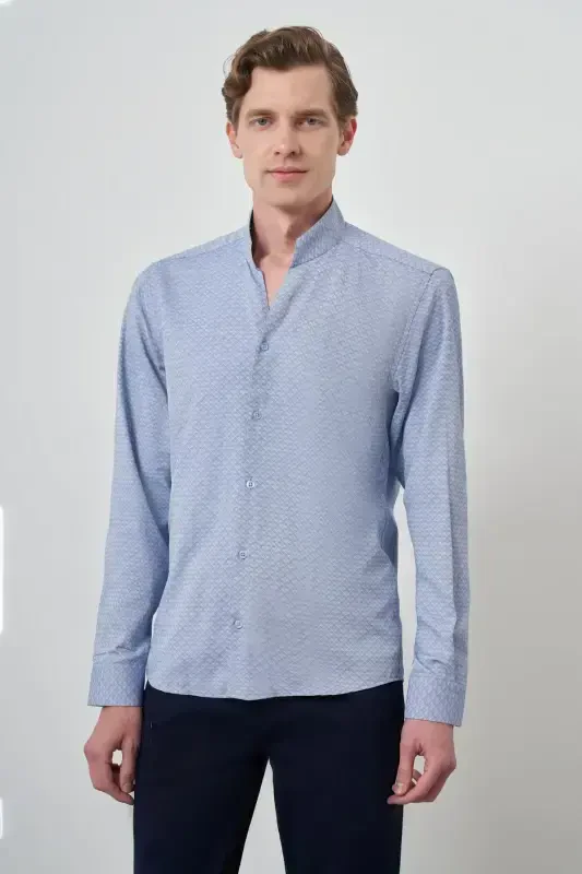 Modazone Erkak Moviy Slim Fit Tik Yoqa Ko'ylak - 3