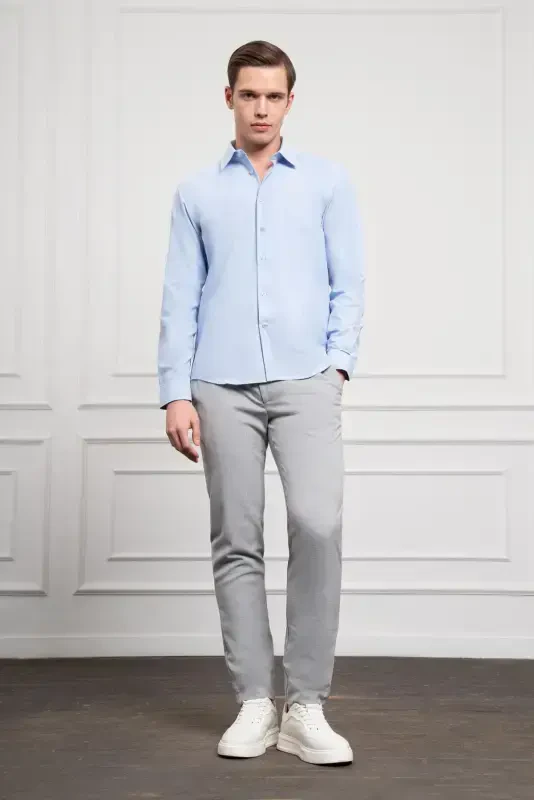 Modazone Erkak Moviy Slim Fit Tor Kesim Qattiq Sport Yoqali Ko'ylak - 2