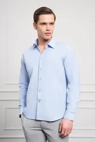 Modazone Erkak Moviy Slim Fit Tor Kesim Qattiq Sport Yoqali Ko'ylak - 4