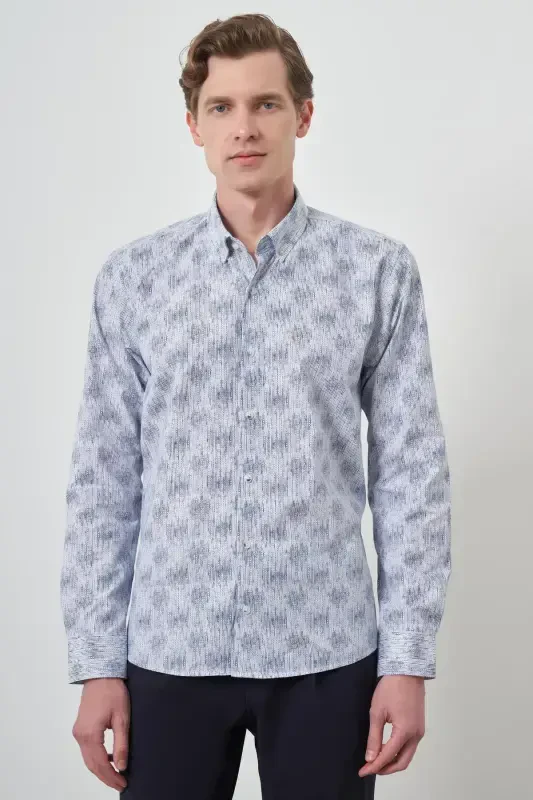 Modazone Erkak Moviy Slim Fit Tugmali Yoqali Ko'ylak - 4