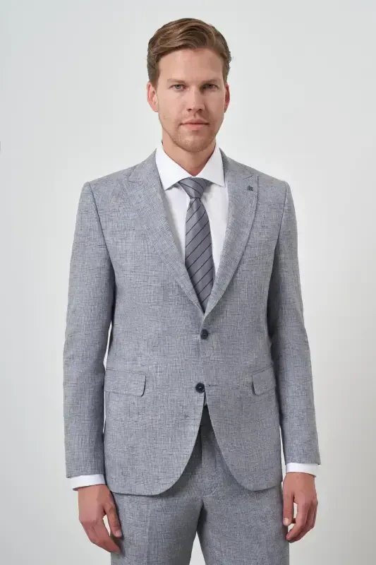 Modazone Erkak Moviy Tend Zig'ir Slim Fit Uchli Yoqa Kostyum - MORVEN