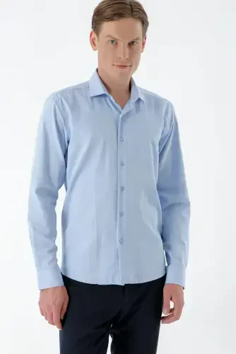 Modazone Erkak Moviy Trend Bosma Naqshli İtaliya Yoqalı Slim Fit Ko'ylak 