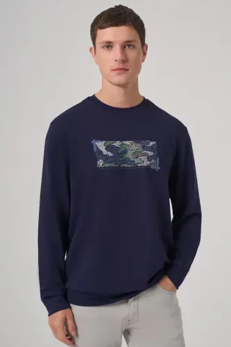 Modazone Erkak Moviy Trend Bosma Velosiped Yoqali Sweatshirt 