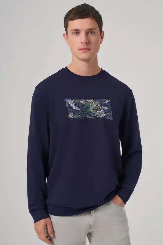 Modazone Erkak Moviy Trend Bosma Velosiped Yoqali Sweatshirt - MORVEN