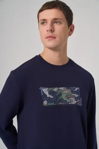 Modazone Erkak Moviy Trend Bosma Velosiped Yoqali Sweatshirt - 3