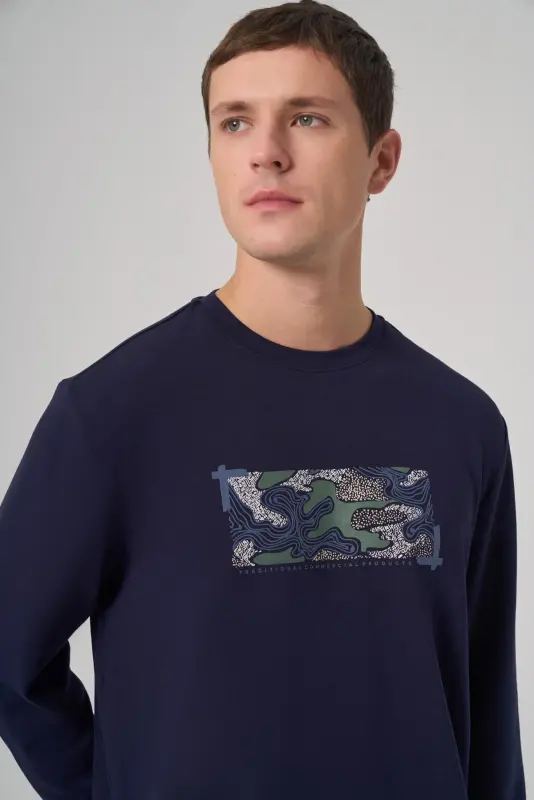 Modazone Erkak Moviy Trend Bosma Velosiped Yoqali Sweatshirt - 3