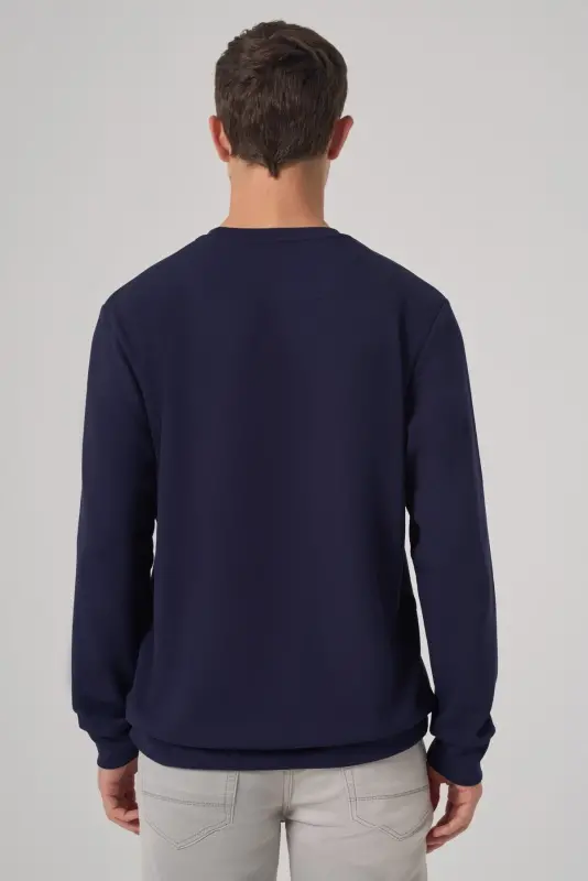 Modazone Erkak Moviy Trend Bosma Velosiped Yoqali Sweatshirt - 5