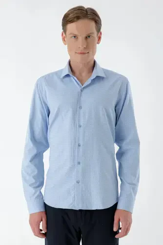 Modazone Erkak Moviy Trend Bosmali Naqshli Italyan Yoqali Slim Fit Ko'ylak - 5