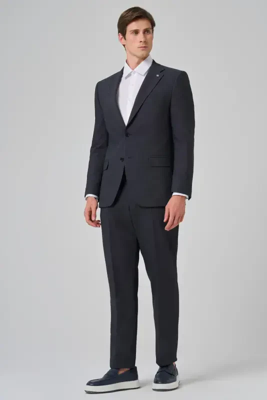 Modazone Erkak Moviy Yunli Trend Naqshli Dinamik Fit Mono Yoqali Kostyum - 1