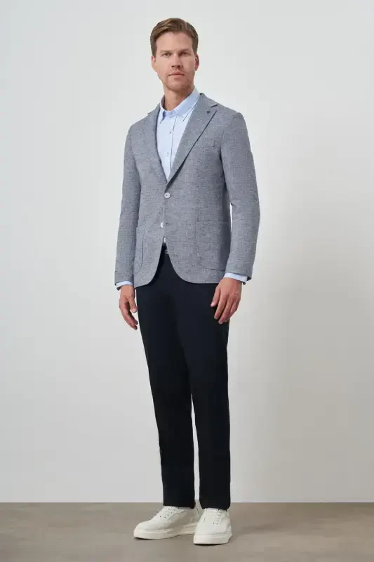 Modazone Erkak Moviy Zig'ir To'quv Slim Fit Mono Yoqali Kurtka - 2