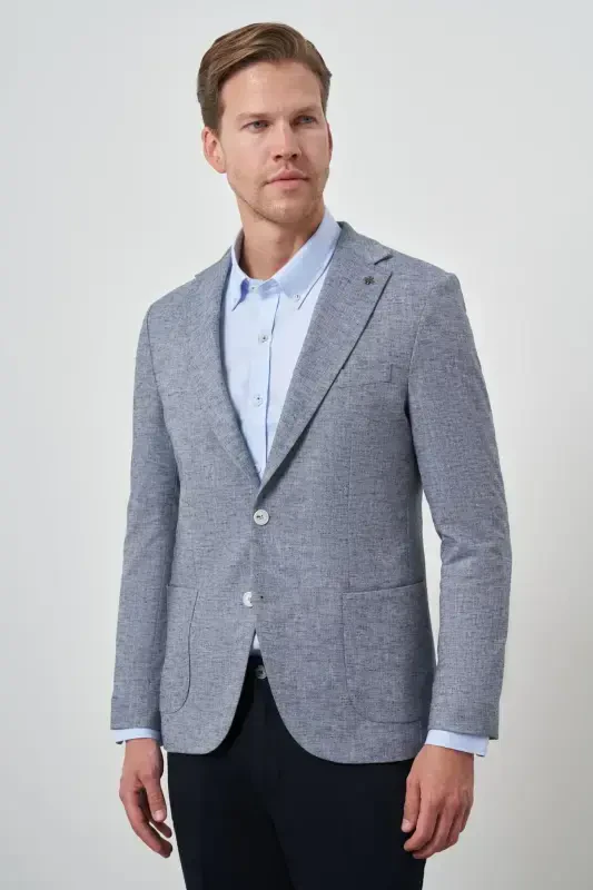 Modazone Erkak Moviy Zig'ir To'quv Slim Fit Mono Yoqali Kurtka - 3