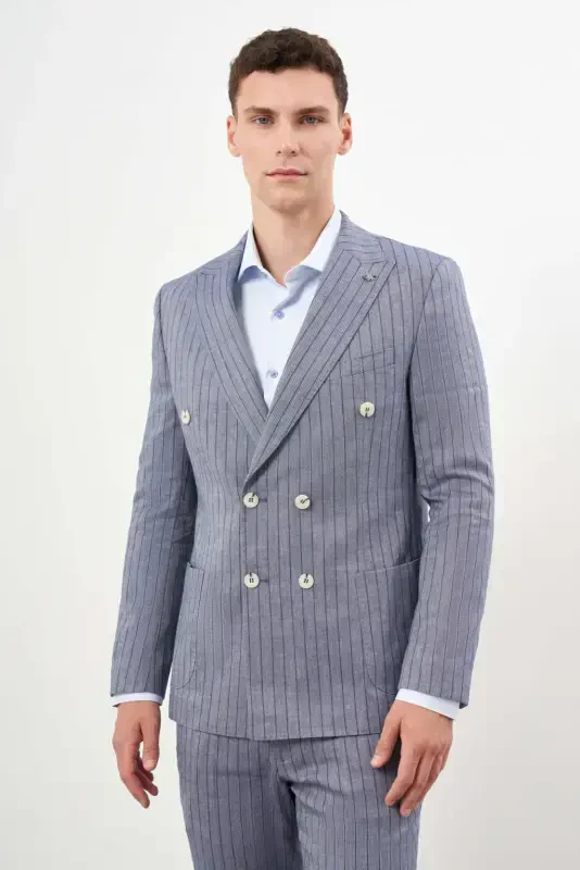 Modazone Erkak Moviy Zig'ir Trend Kreyser Slim Fit Uchli Yoqali Kostyum - MORVEN