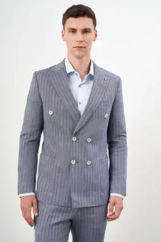 Modazone Erkak Moviy Zig'ir Trend Kreyser Slim Fit Uchli Yoqali Kostyum - 3