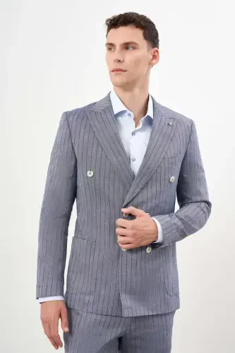 Modazone Erkak Moviy Zig'ir Trend Kreyser Slim Fit Uchli Yoqali Kostyum - 4