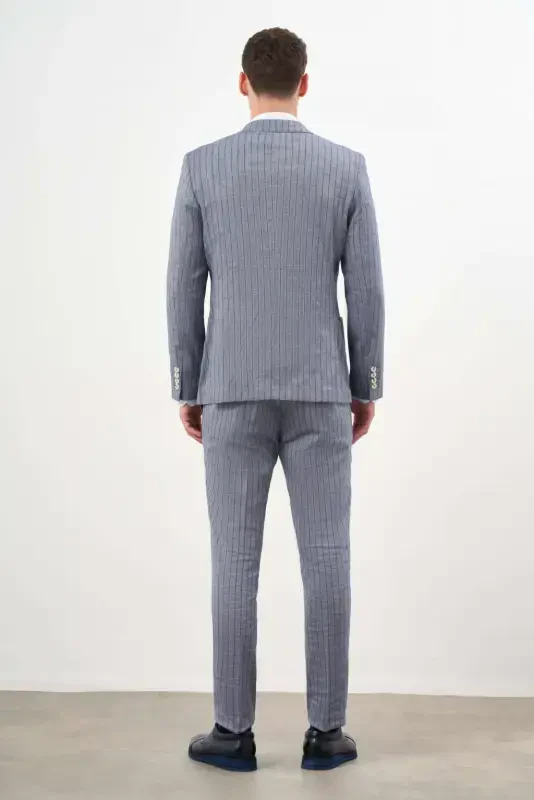 Modazone Erkak Moviy Zig'ir Trend Kreyser Slim Fit Uchli Yoqali Kostyum - 6