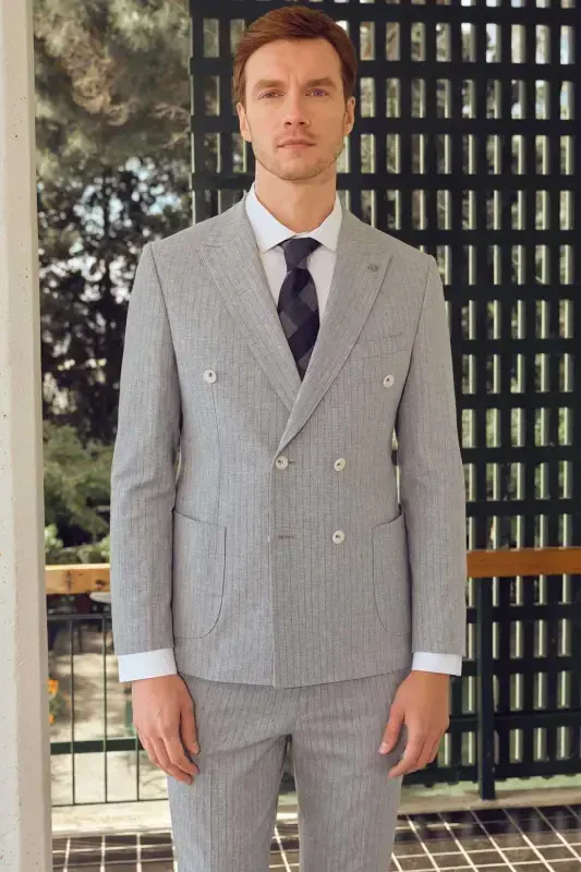 Modazone Erkak Moviy Zig'ir Trend Slim Fit Uchli Yoqali Kostyum - 1