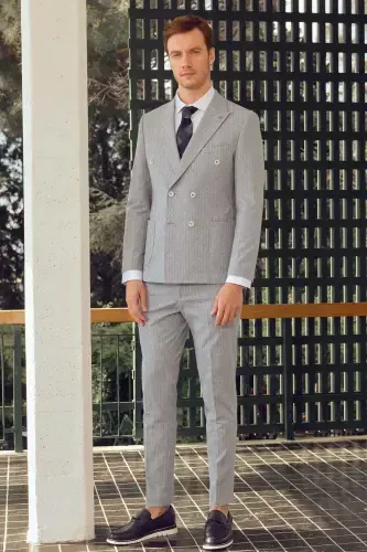 Modazone Erkak Moviy Zig'ir Trend Slim Fit Uchli Yoqali Kostyum - MORVEN (1)