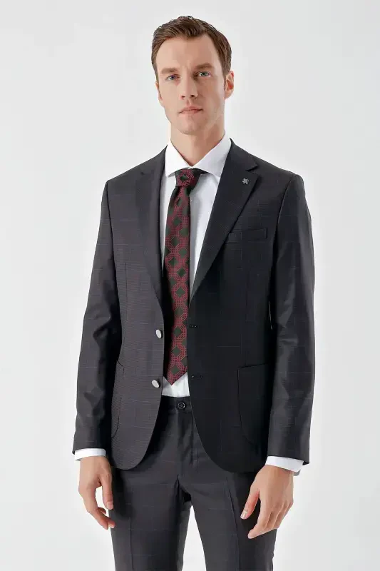 Modazone Erkak Murdum Poliviskon Trend Ekoseli Slim Fit Mono Yaka Takım Elbise - 4