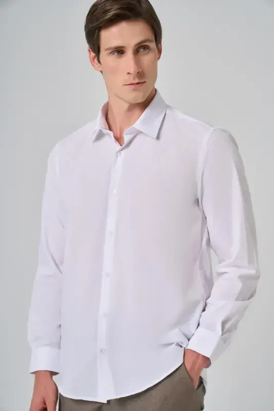 Modazone Erkak Oq Basic Regular Fit Qattiq Yoqali Ko'ylak - 1