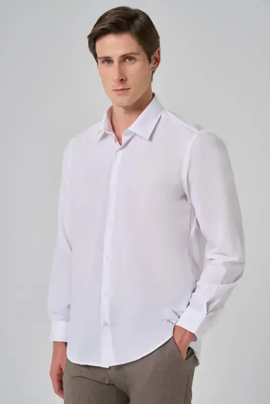 Modazone Erkak Oq Basic Regular Fit Qattiq Yoqali Ko'ylak - 2