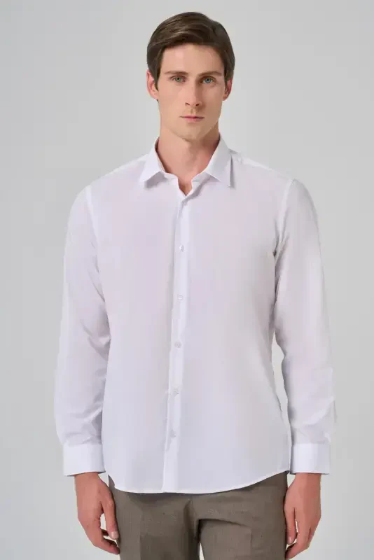 Modazone Erkak Oq Basic Regular Fit Qattiq Yoqali Ko'ylak - 3