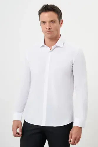 Modazone Erkak Oq Basic Tekis Naqshli Italyan Yoqali Slim Fit Ko'ylak - 1