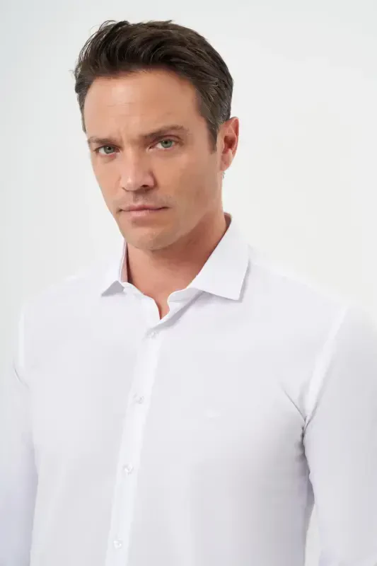 Modazone Erkak Oq Basic Tekis Naqshli Italyan Yoqali Slim Fit Ko'ylak - 3