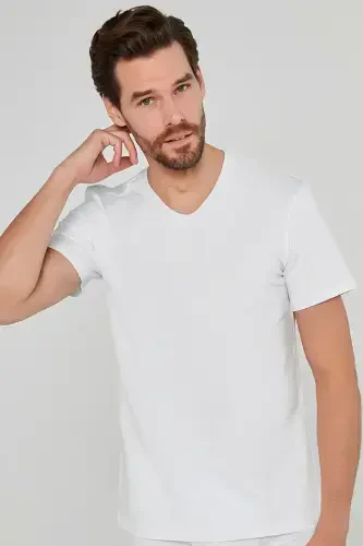 Modazone Erkak Oq Basic V Yoqa 100% Paxta Mayka Fanila - 3