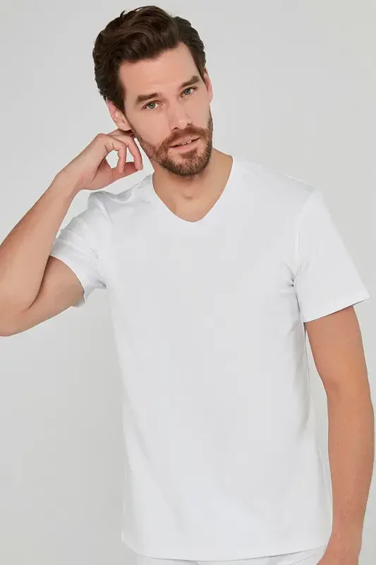 Modazone Erkak Oq Basic V Yoqa 100% Paxta Mayka Fanila - 3