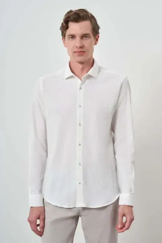 Modazone Erkak Oq Gofre Trend Naqshli Dynamic Fit Italyan Yoqali Ko'ylak - MORVEN