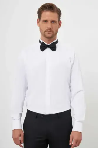 Modazone Erkak Oq Manshetli Tekis Naqshli Ota Yoqali Slim Fit Ko'ylak - 1