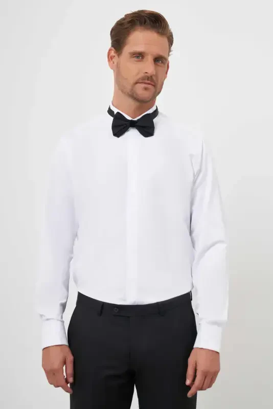 Modazone Erkak Oq Manshetli Tekis Naqshli Ota Yoqali Slim Fit Ko'ylak - 2