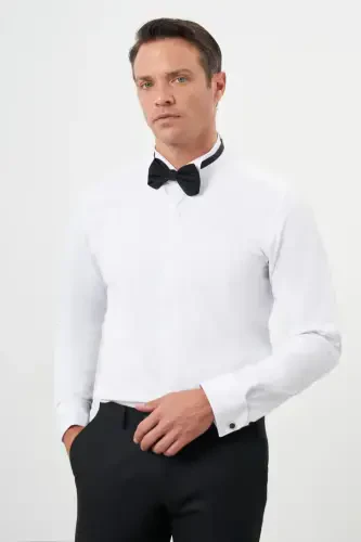 Modazone Erkak Oq Mansjetli Tekis Naqshli Ota Yoqali Slim Fit Ko'ylak - 1