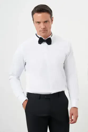 Modazone Erkak Oq Mansjetli Tekis Naqshli Ota Yoqali Slim Fit Ko'ylak - MORVEN (1)