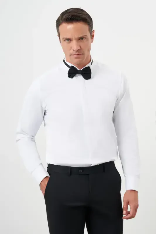 Modazone Erkak Oq Mansjetli Tekis Naqshli Ota Yoqali Slim Fit Ko'ylak - 2