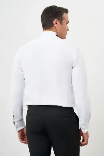 Modazone Erkak Oq Mansjetli Tekis Naqshli Ota Yoqali Slim Fit Ko'ylak - 5