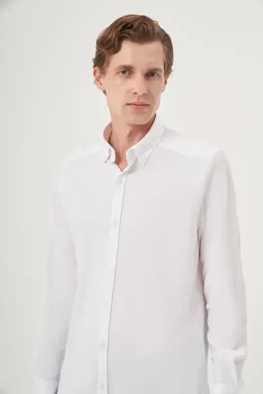 Modazone Erkak Oq O'rma Slim Fit Tugmali Yoqali Ko'ylak - 2