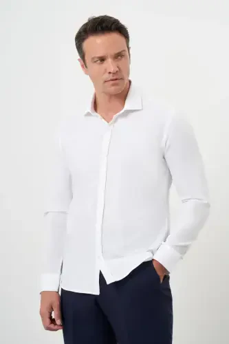 Modazone Erkak Oq Paxta Bosma Naqshli Italyan Yoqali Slim Fit Ko'ylak - 2