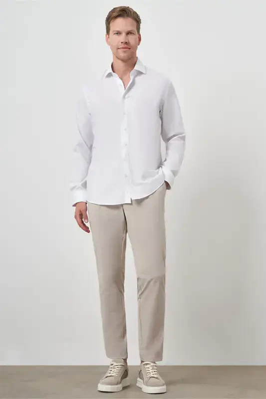 Modazone Erkak Oq Paxta Trend Slim Fit Tor Kesimli Dazmollanmaydigan Ko'ylak - 2